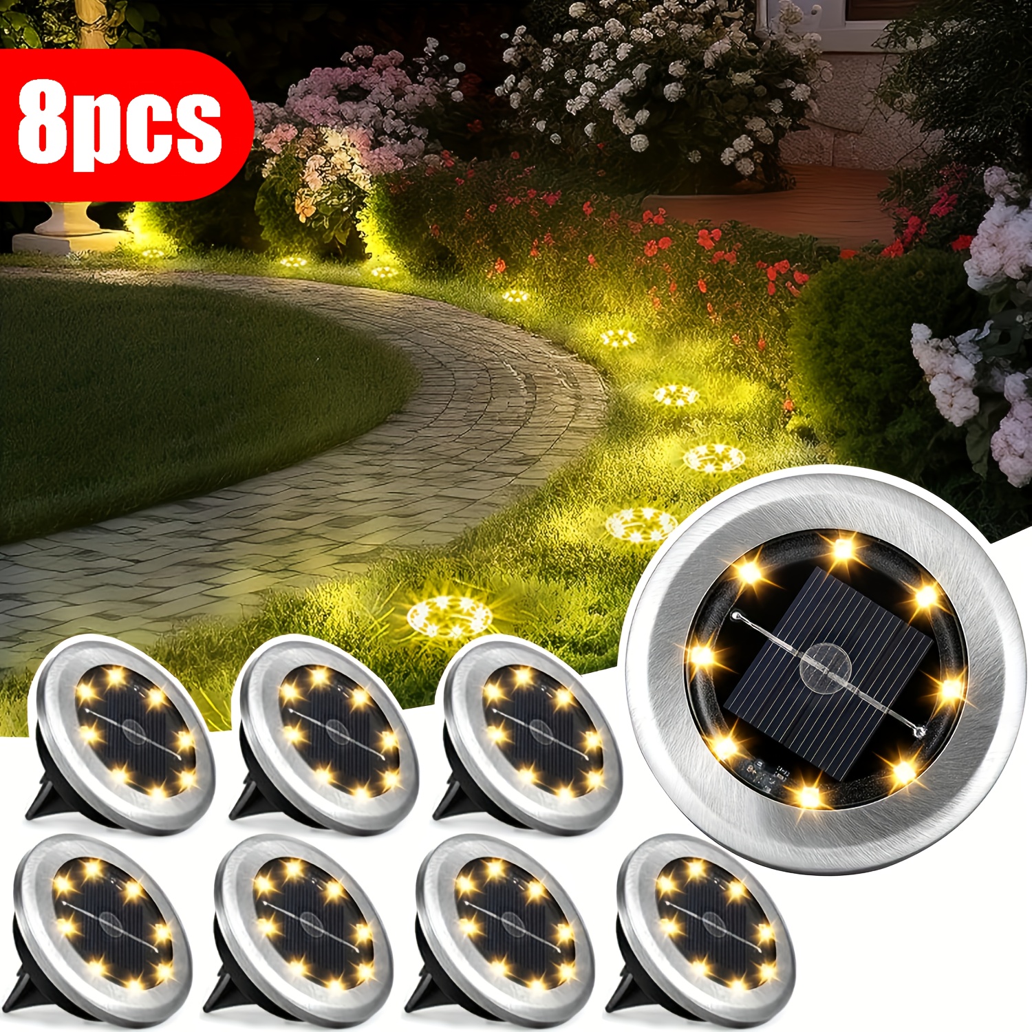 Image of 8pcs Solar Stainless Steel Ground Lights, 4pcs Auto-switch In-ground Lights With 8 Leds For Gardens, Patios, Lawns, Steps, Walkways, Path Lighting, Garden , Driveway Lighting - Warm/white