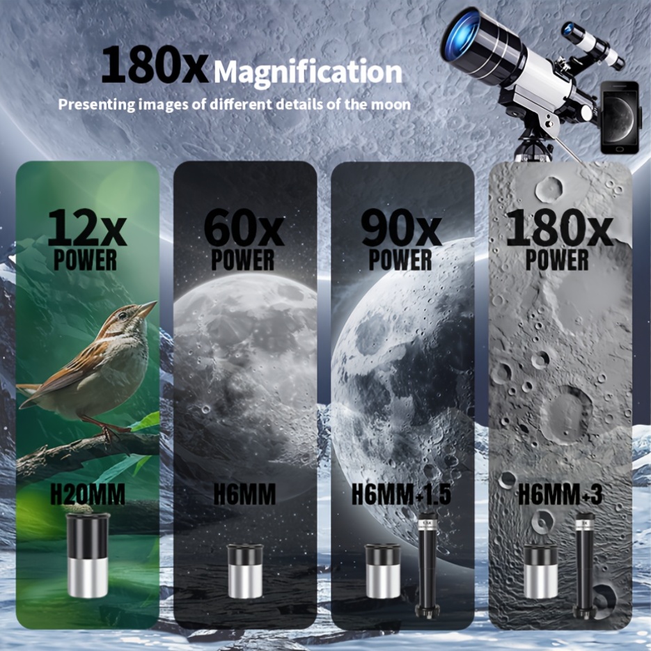 150x Telescope, 70mm Aperture Telescope, High Magnification, Portable Astronomical Telescope, with Tripod Phone Adapter and Wireless Remote Control, Telescope for Phone