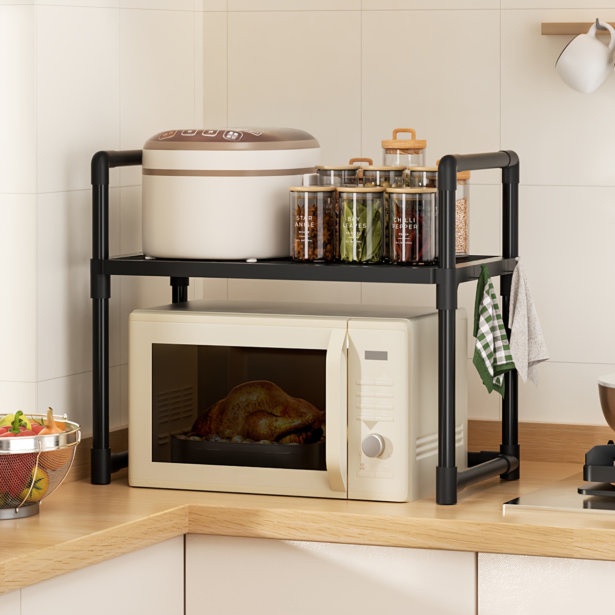 Image of 3-tier Microwave Stand For Countertop, Metal Microwave Oven Rack With Side Hooks, Space-saving Kitchen Countertop Storage Organizer Shelf For Toaster, Coffee Maker, Spices, And Small Appliances, Black