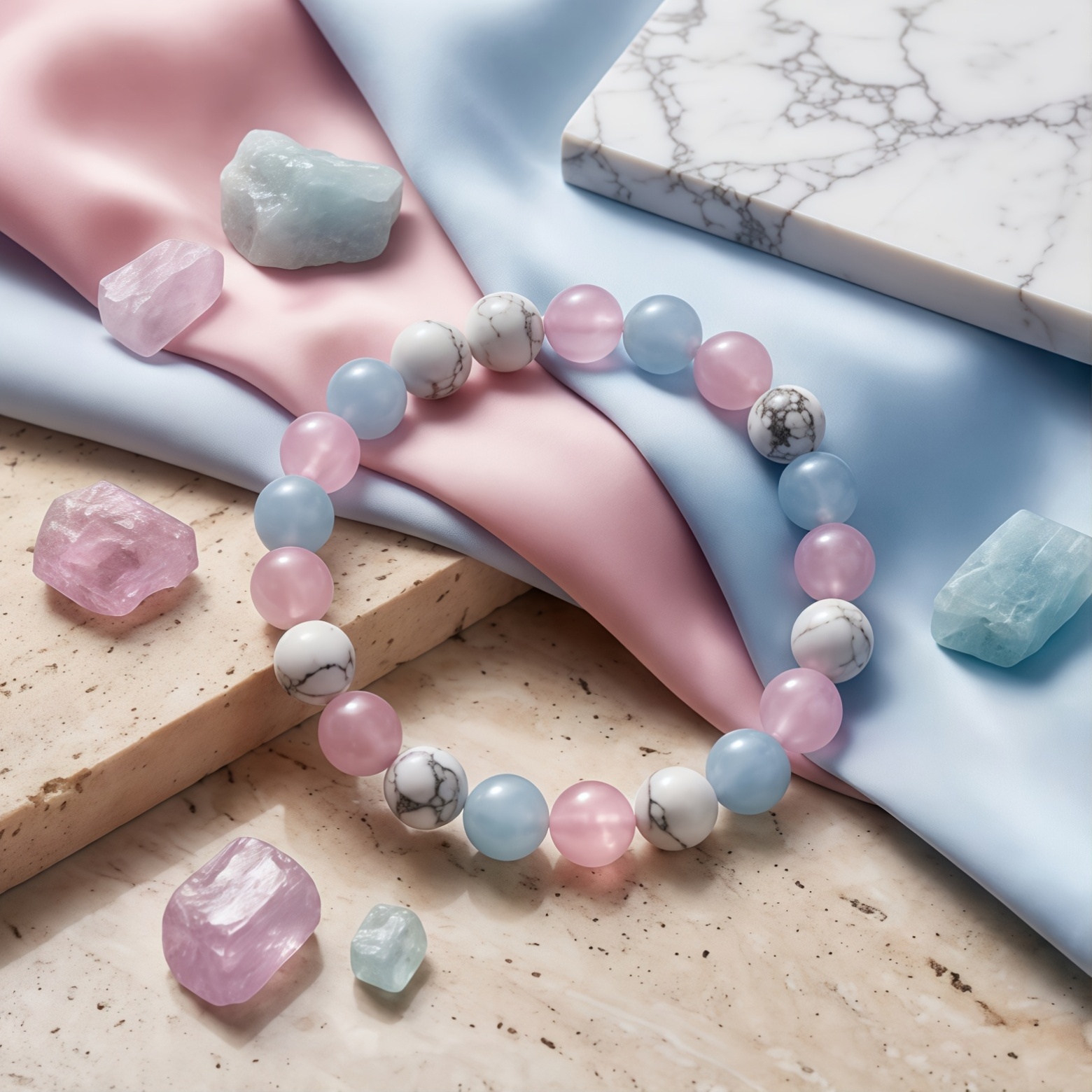 White Howlite, Aquamarine & Pink Quartz 3-Material Handmade Bracelet