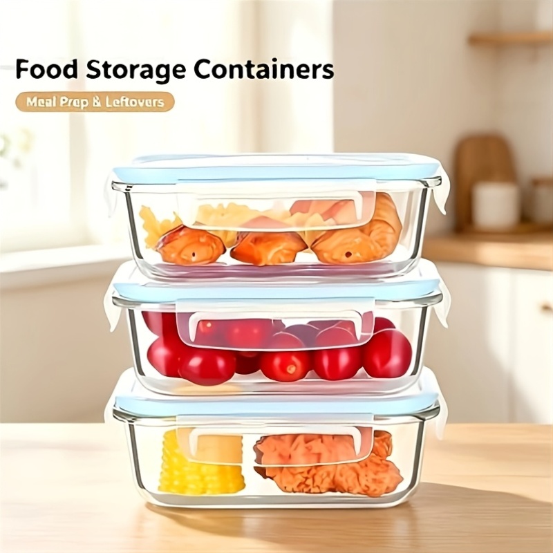 TEMU 3pcs 380ml Glass Food Storage Container Set With Sealing Lids, Suitable For Meal Prep, Leak-proof Glass Lunch Box, Microwave, Freezer, And Oven