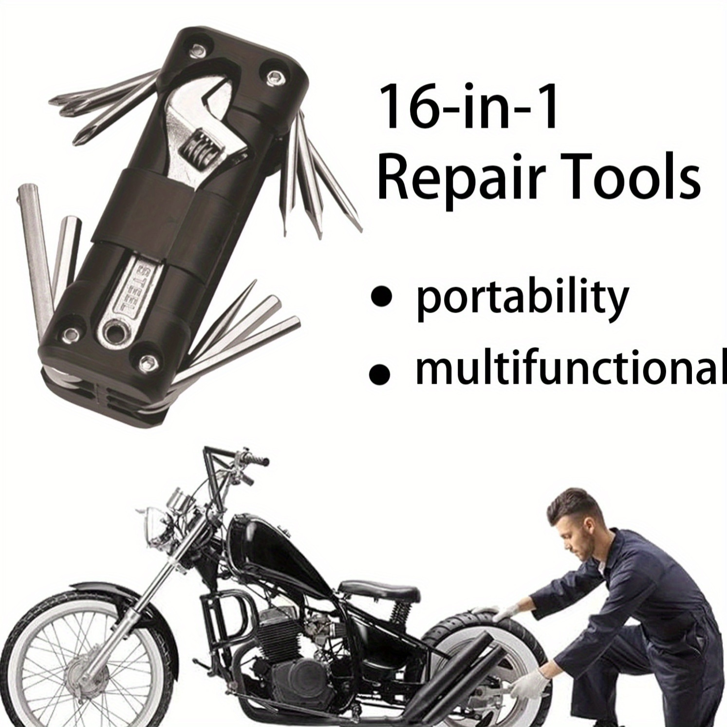 1pc 16 in 1 multi purpose tool kit heavy duty steel portable repair set for vehicle outdoor cycling and motorcycle maintenance   screwdrivers wrenches pliers   torx phillips drivers uncharged   no battery required Product details 0
