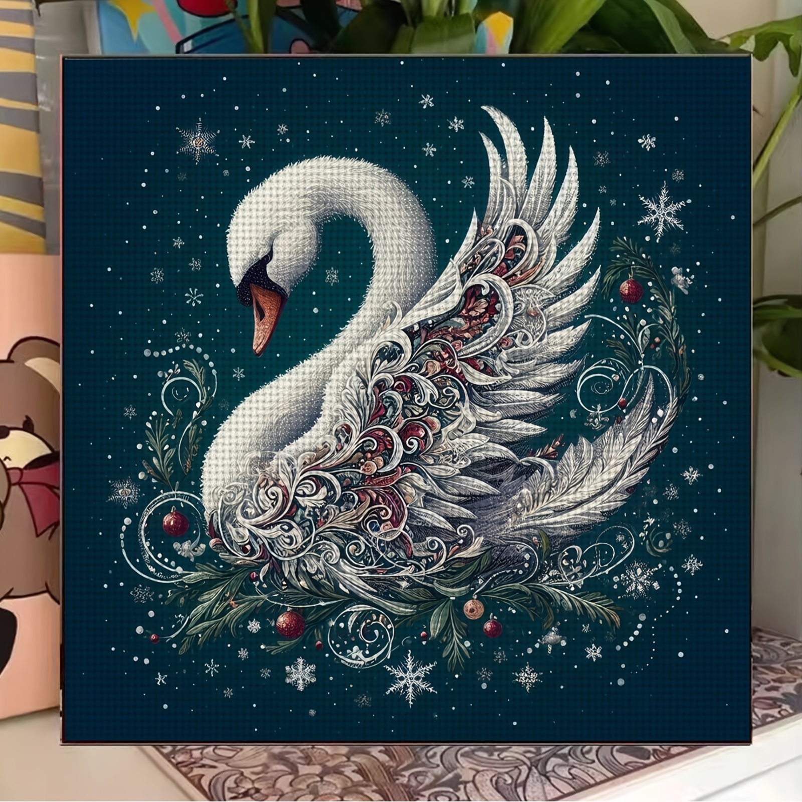 Christmas Swan Snowflake Design Printed Fabric Cross-Stitch Kit for Beginners