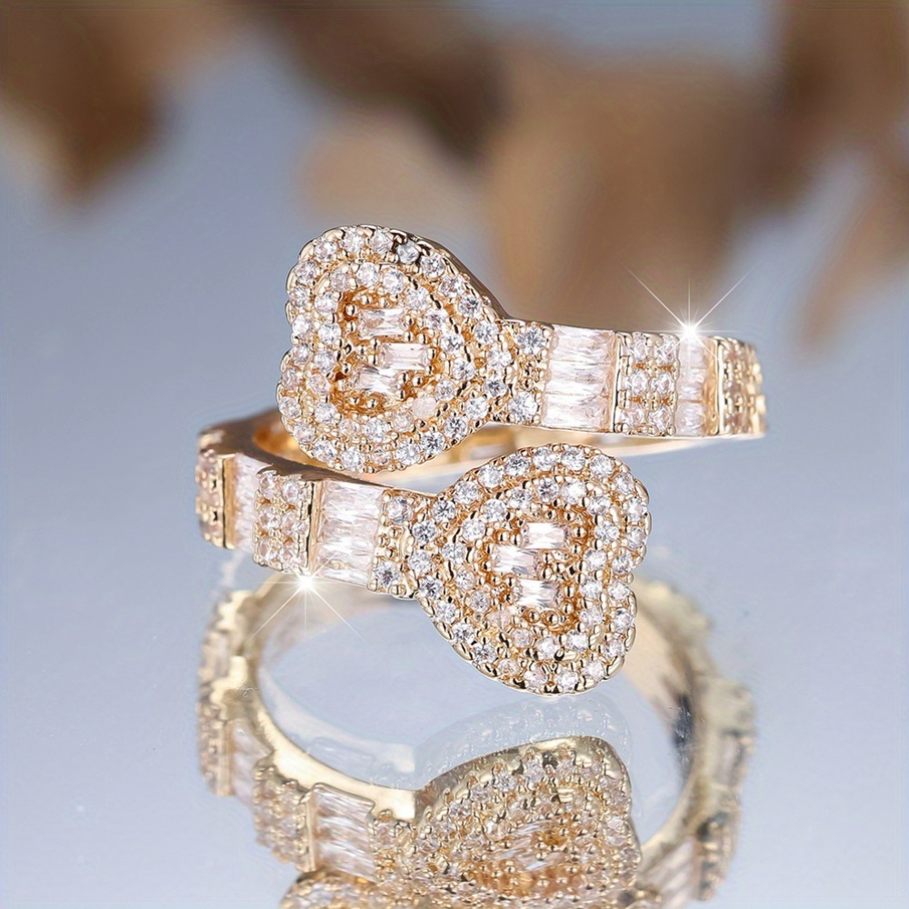 Women's Grand Double Heart Sparkling Open Ring with Synthetic Zirconia