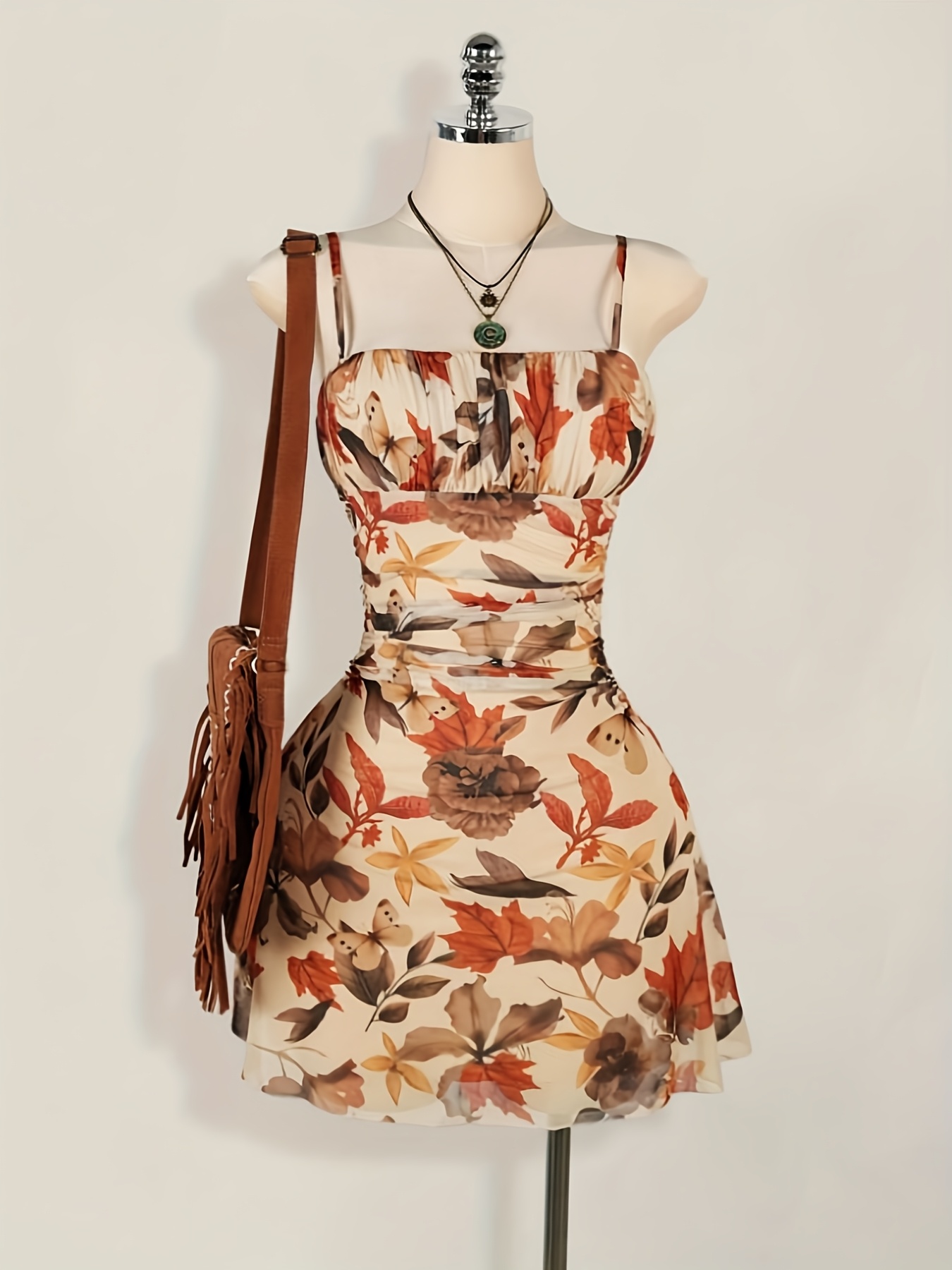 ladies new floral print pleated a line umbrella dress straps - Temu Qatar