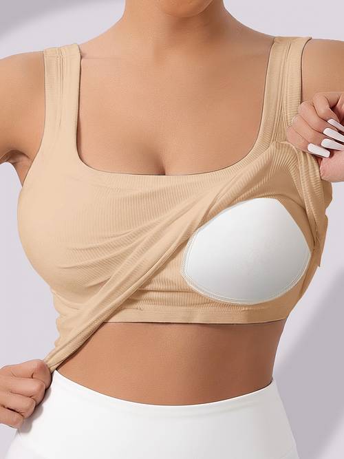 womens tank top with built in padding featuring a ribbed u neck design suitable for wearing as outerwear or loungewear throughout the year sleepwear