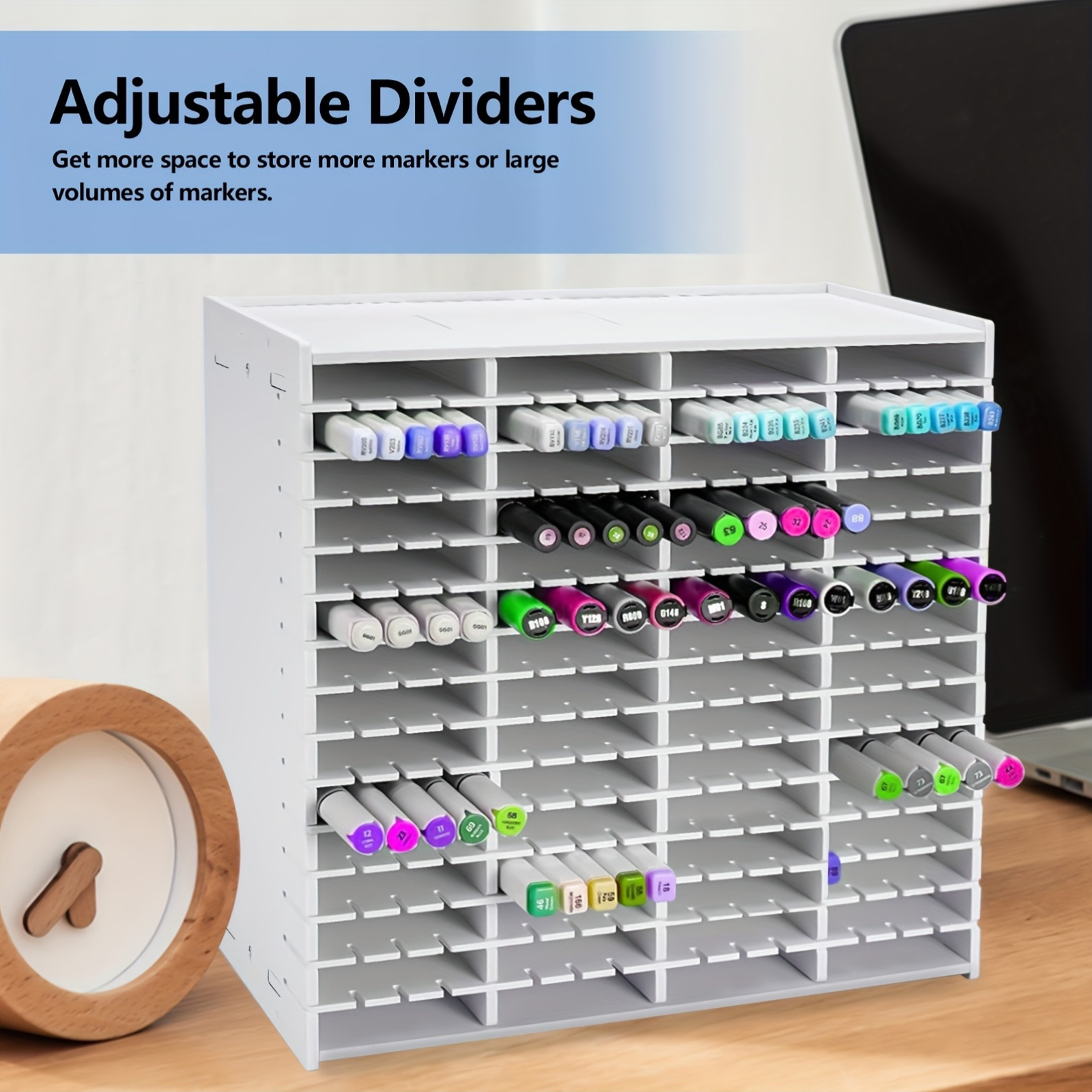 

White Pvc Marker Storage Rack Organizer, 240 Slots Large Capacity Pen Pencil Holder Desk Caddy For Artists, Students, Office Use - Adjustable Dividers, Fits Various Marker Sizes, Age 14+
