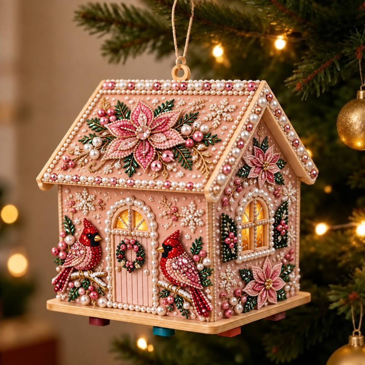 TEMU Brand New! Christmas. Pink Wood Material. Christmas Cottage. Pearl And Set, Round, Diamond-encrusted Wooden Cottage, Decorations For A Christmas