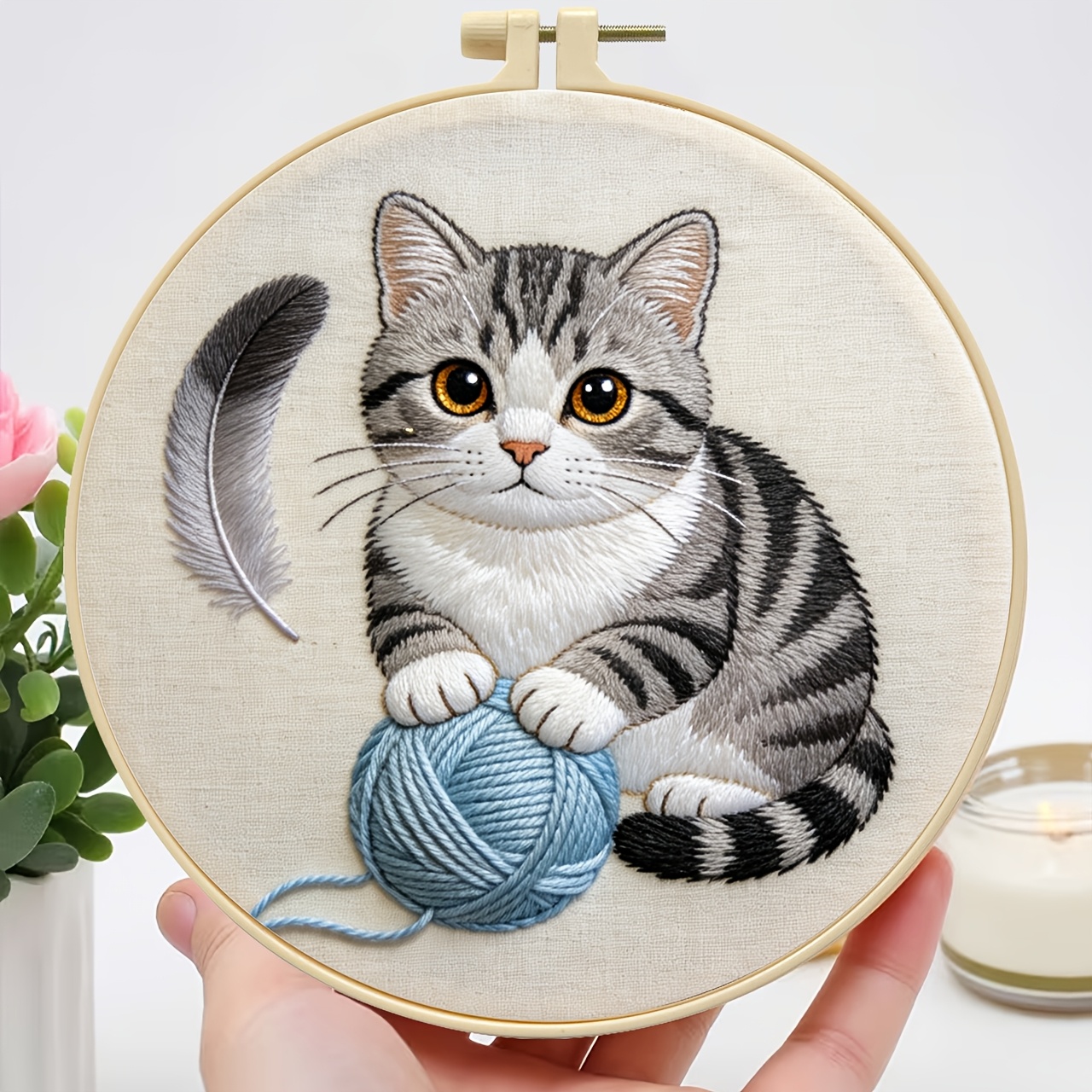 TEMU 1set Embroidery Kit Handmade Craft Supplies Starter Full Set Tools Animals Cats Yarn Ball Home Decor Embroidery Kit Embroidery Thread Chart