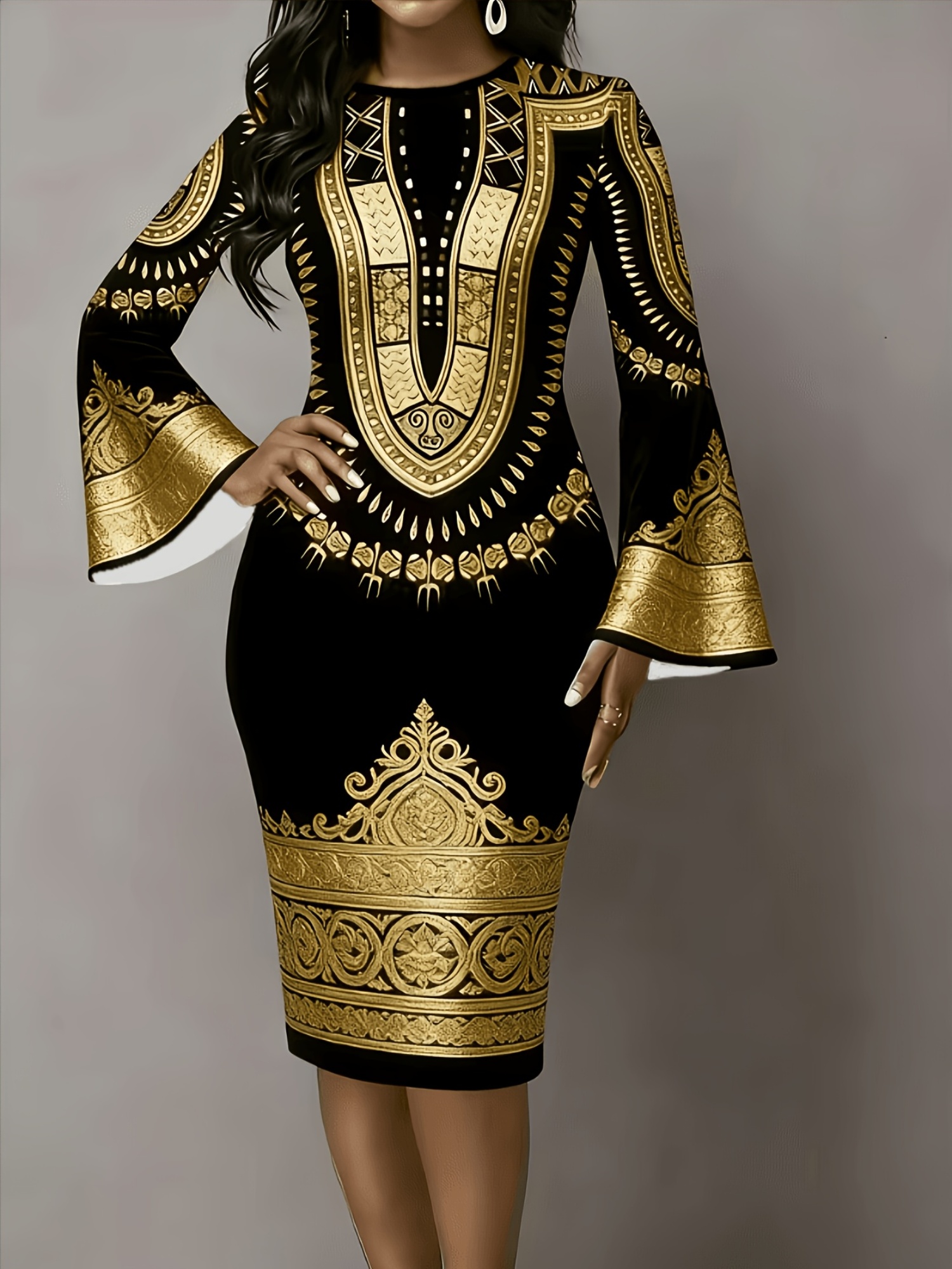 european and american long sleeve printed dress