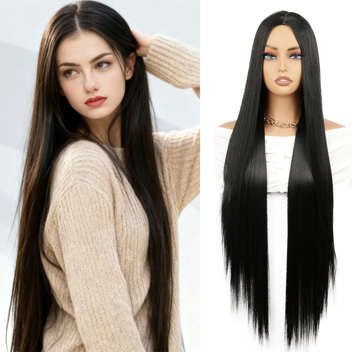Image of Elegant Black Long Straight Synthetic Women's Wig 34 Inch Long Look High Temperature Fiber, Perfect For Daily Wear And Party Cosplay Use