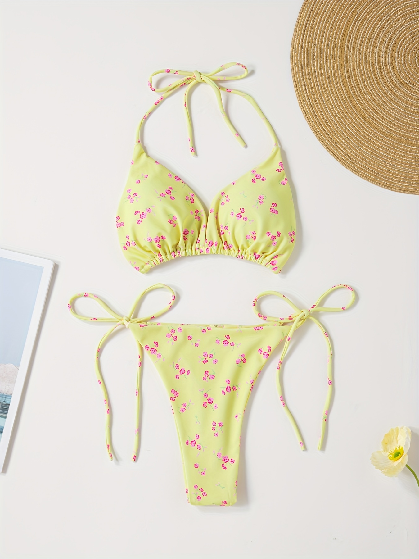 Floral Print V-Neck Bikini Set for Women, Polyester and Elastane Blend, High Stretch, Knit Fabric, with Bow Detail, for Sexy Lingerie Style Swimwear