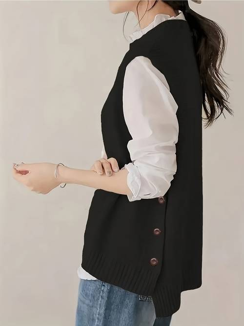 new relaxed style sleeveless side button vest loose all match round neck pullover sweater