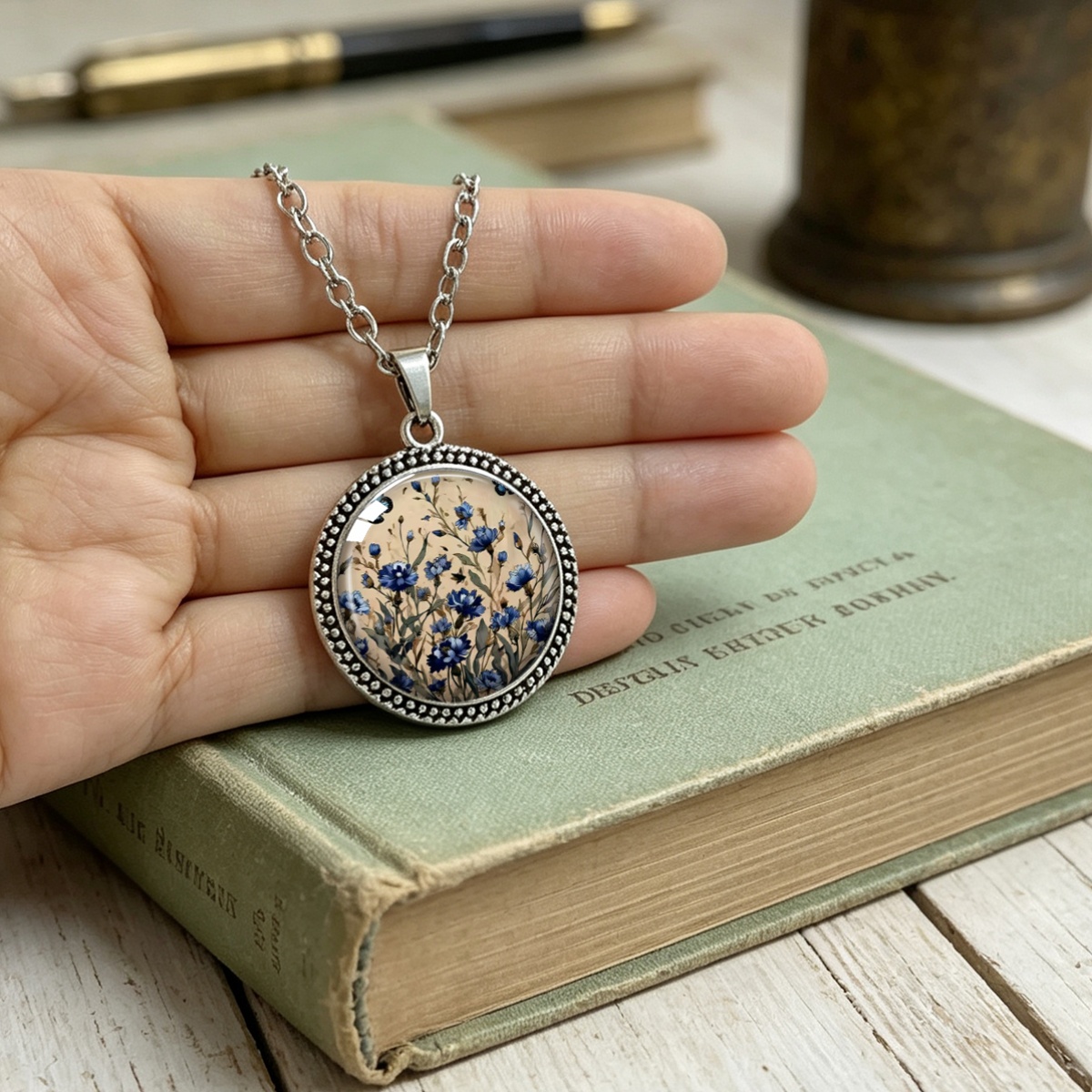 Forest Style Blue Floral Branch Leaf Printed Round Pendant Necklace