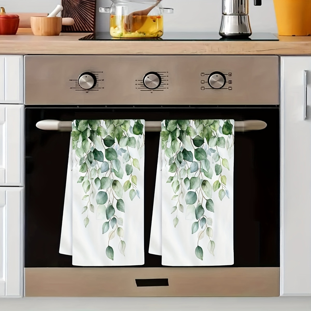 TEMU Lot de 2 serviettes de toilette à motif feuilles d'eucalyptus aquarelle. Ces torchons parfaits pour les cuisines de ferme, les de bain et la