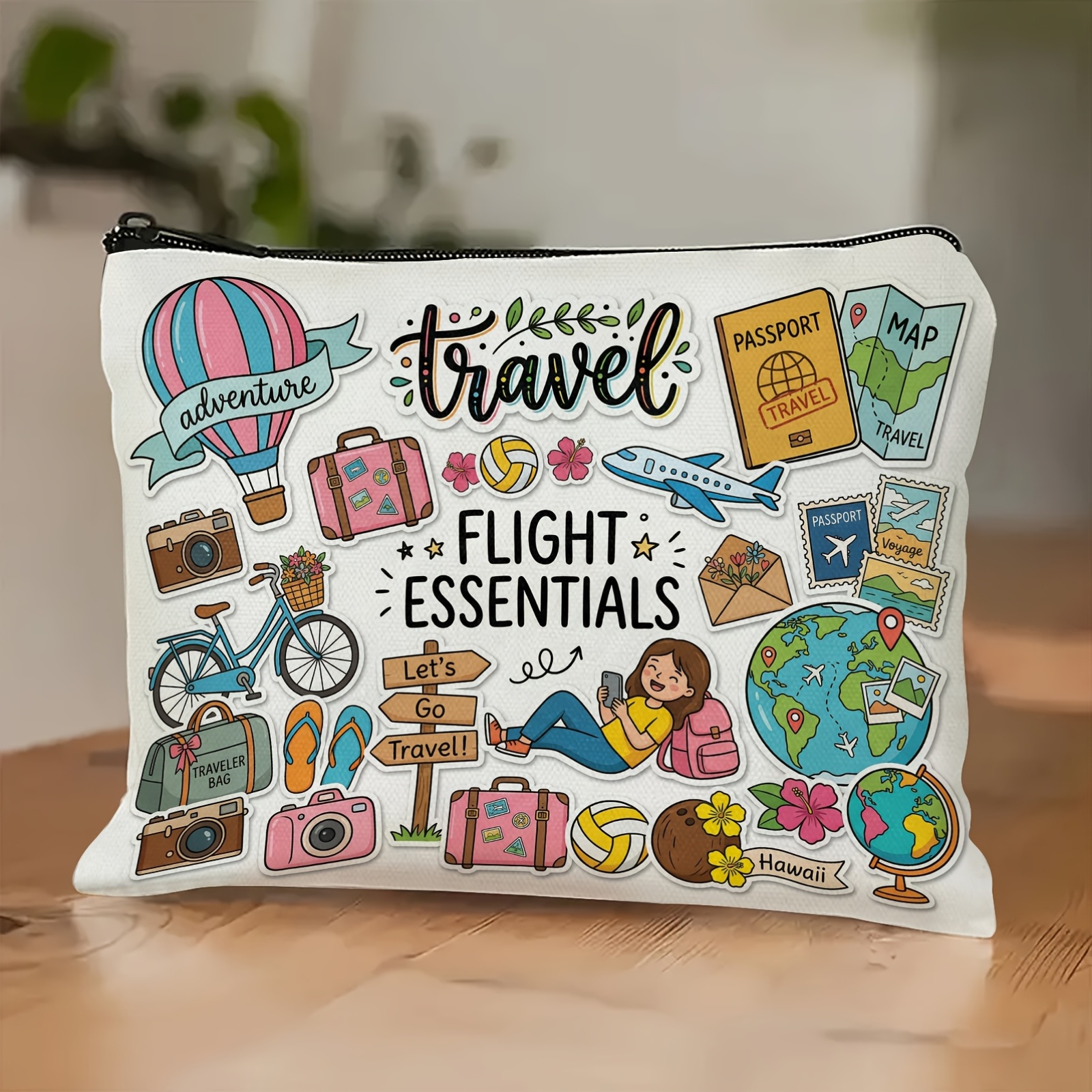 TEMU A Single-piece Double-sided Printed Travel-themed Makeup Bag Featuring Elements Such As Hot Air Balloons, , Maps, And Cameras, With The "flight