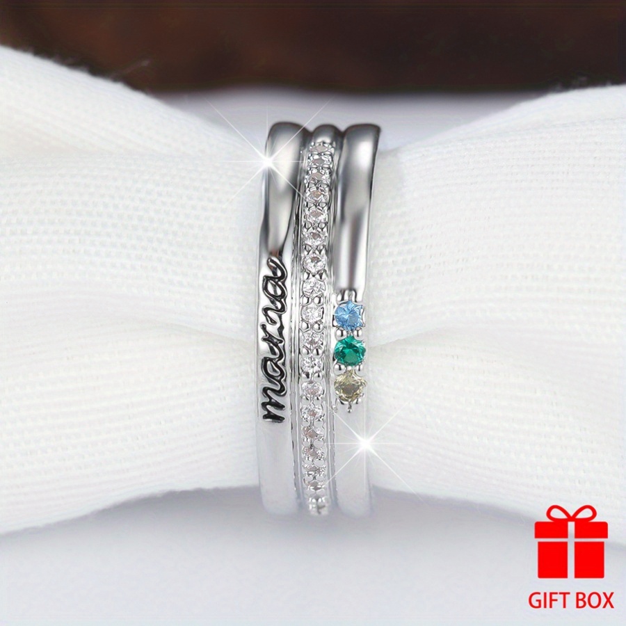 Engraved Mama Set Zirconia Silvery Ring for Mother's Party