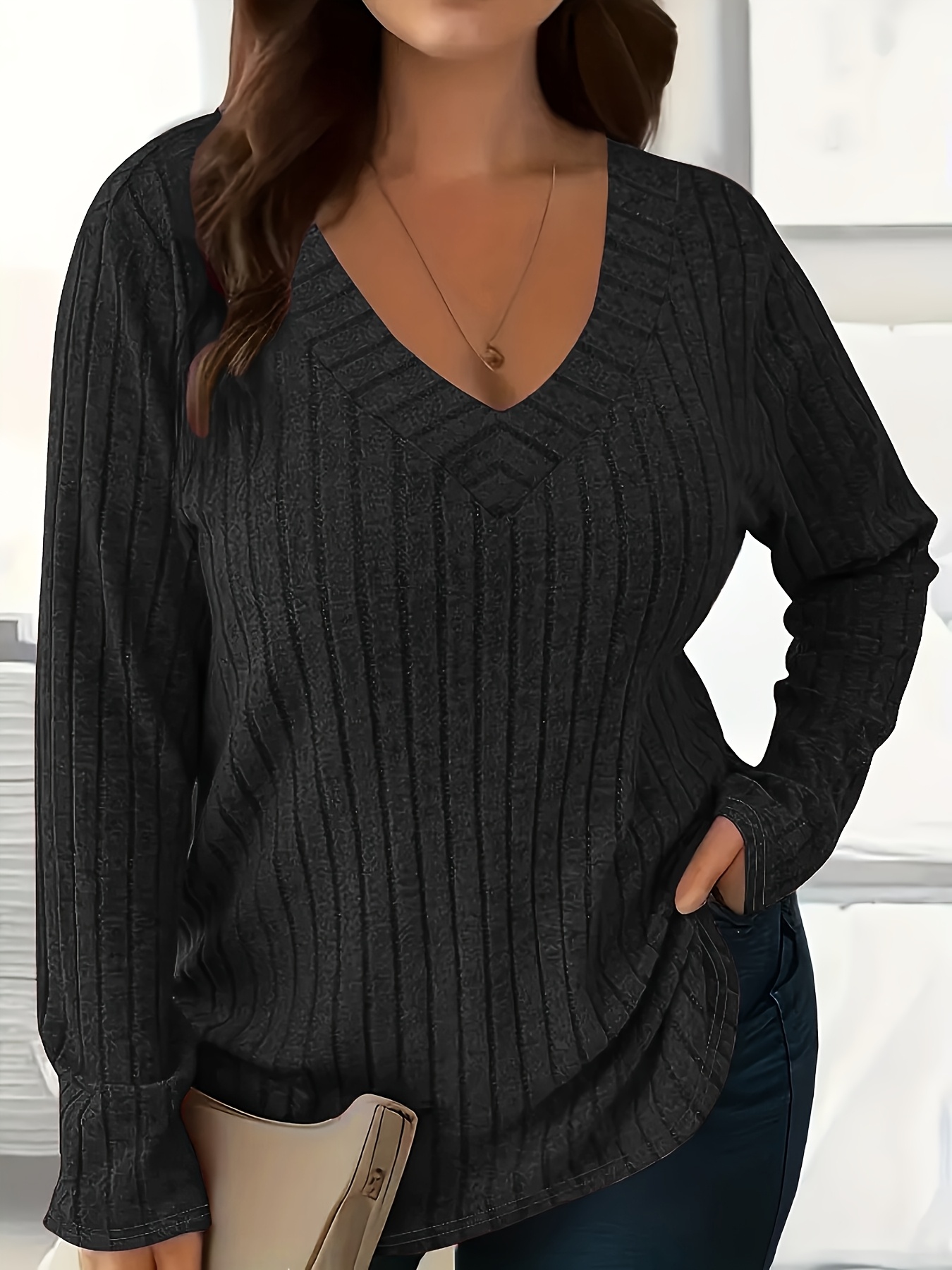 plus size plus size spring autumn and winter   solid   size womens top v neck ribbed brushed casual t shirt loose pullover long sleeves