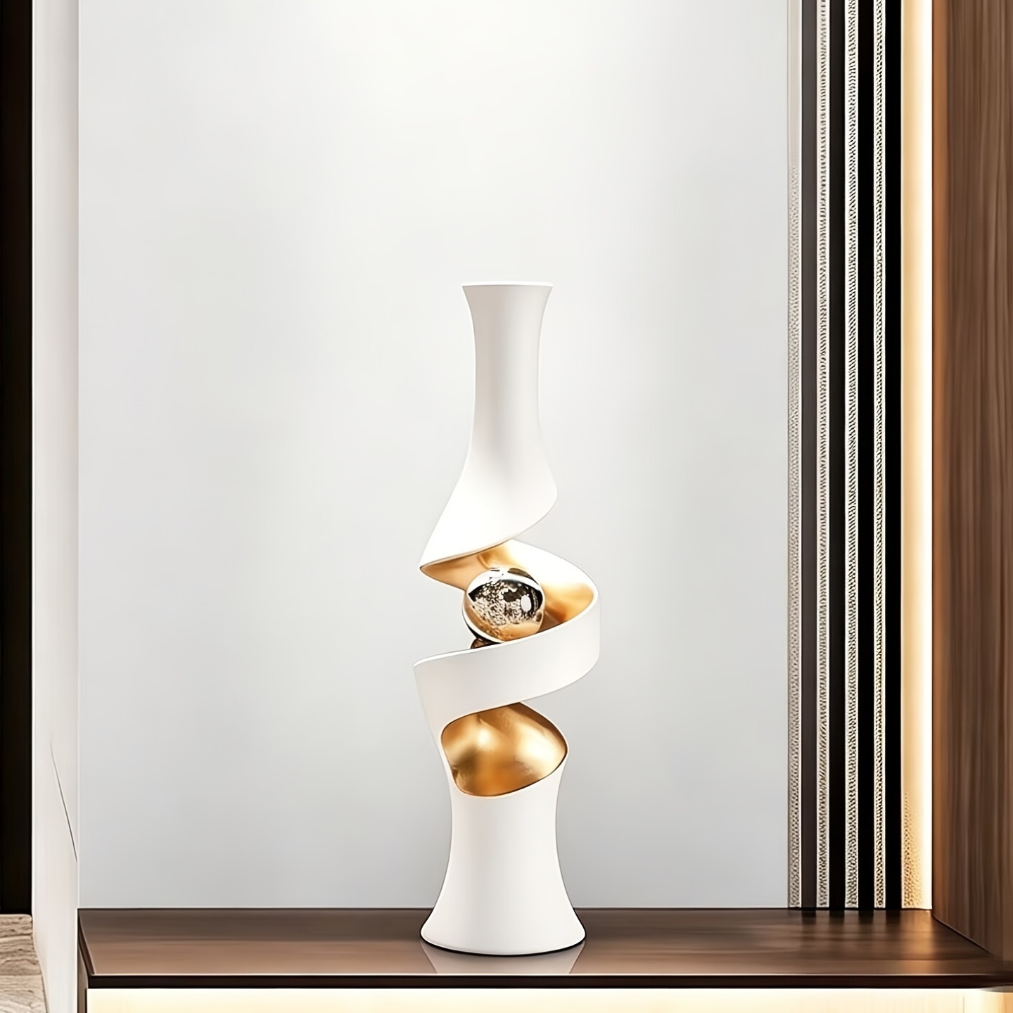White And Golden Spiral Vase with Crystal Sphere | Symbol of Good Fortune | Artificial Flower solely