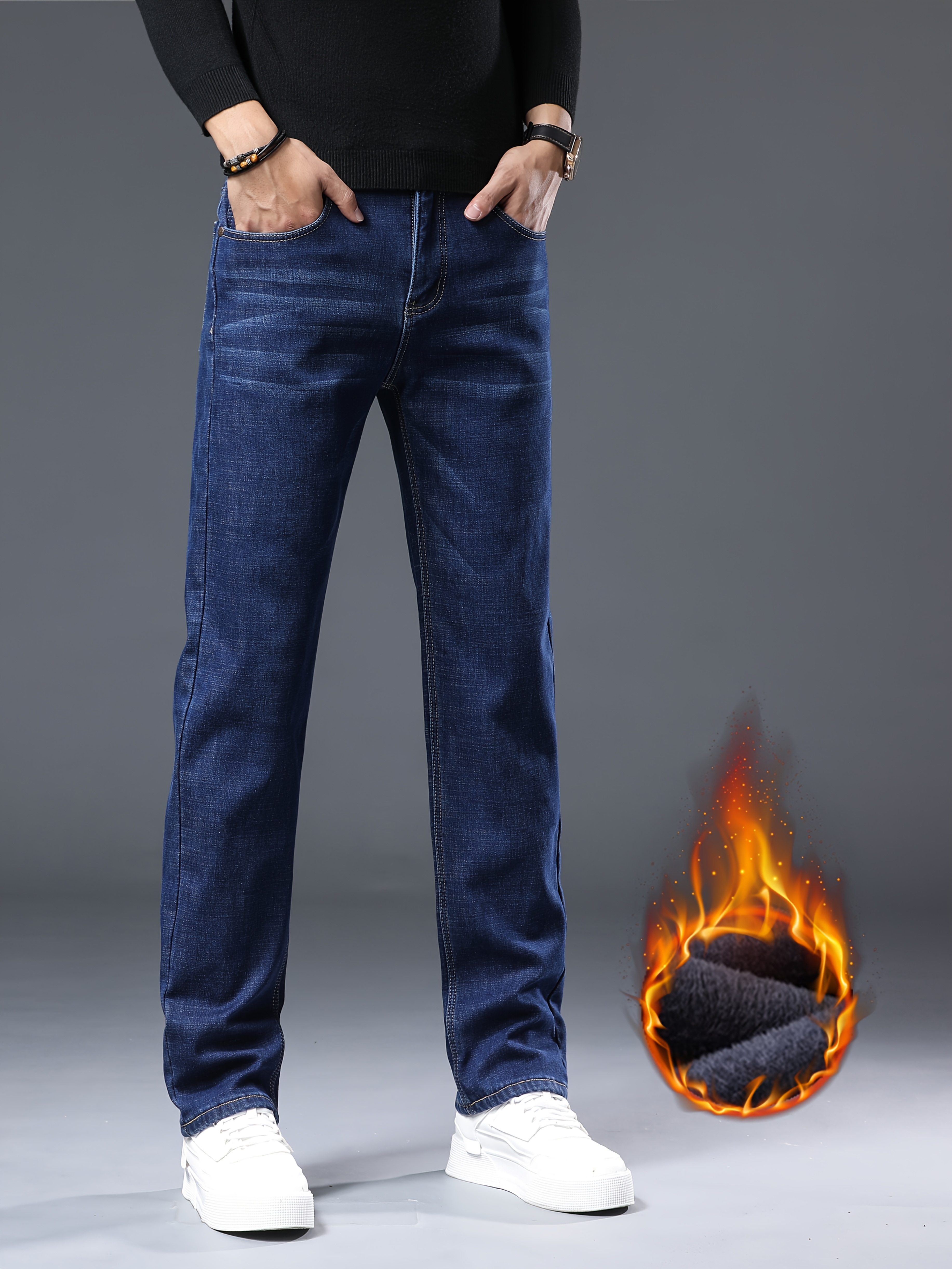 WANMN Jeans Uomo Inverno Casual Pantaloni Larghi Dritti Caldi Plus Velluto Spesso Foderato In Pile Relaxed Fit Jeans Termici Jean-Blu_34 - Foto 8