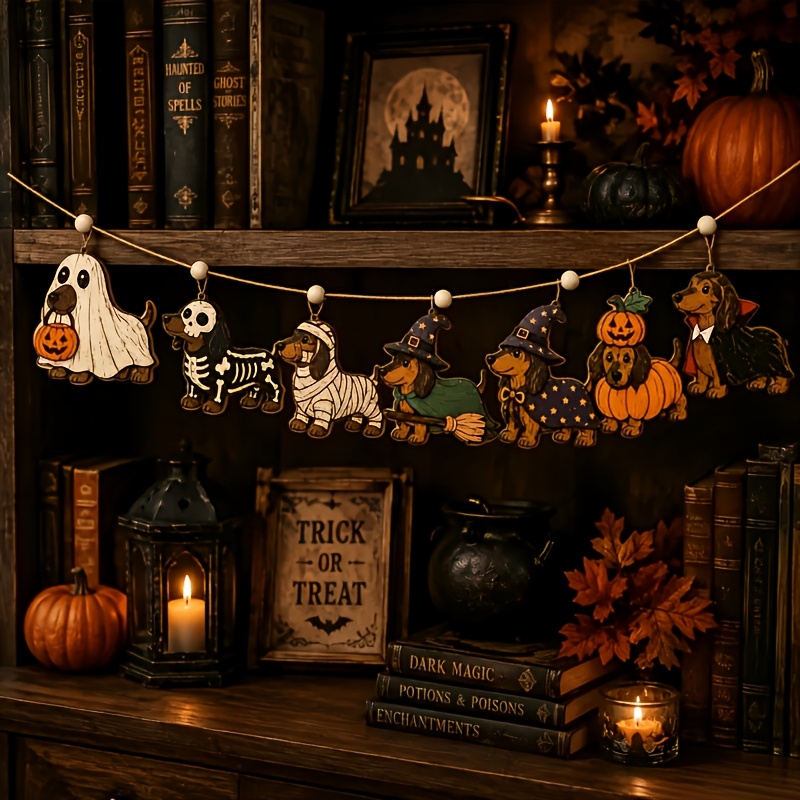 TEMU 7 pezzi di legno vintage a forma di per Halloween, con , , strega, zucca e di cani , decorazione vintage spettrale per parete , ornamenti da