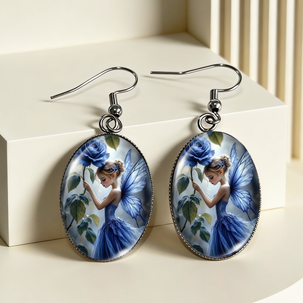 Dreamy Blue Rose Fairy Elf Picture Oval Earrings
