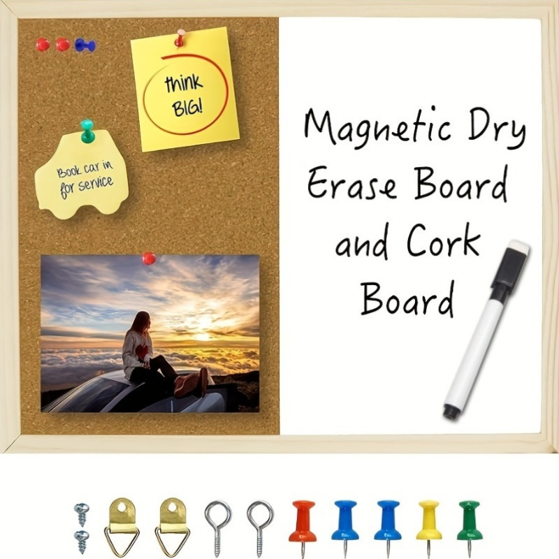 

For Big" Magnetic Dry Erase & Cork Bulletin Board Set - Rectangular Wooden Board With Push Pins, Ideal For Home, School, Office Use