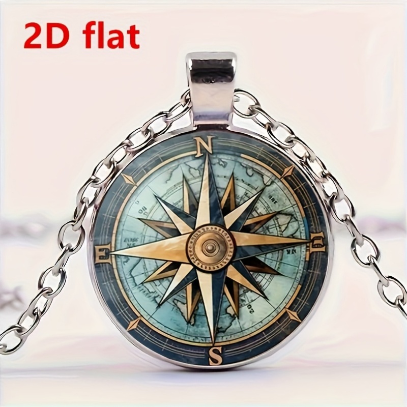 Compass Pattern Glass Pendant Necklace, Unisex Vintage Style