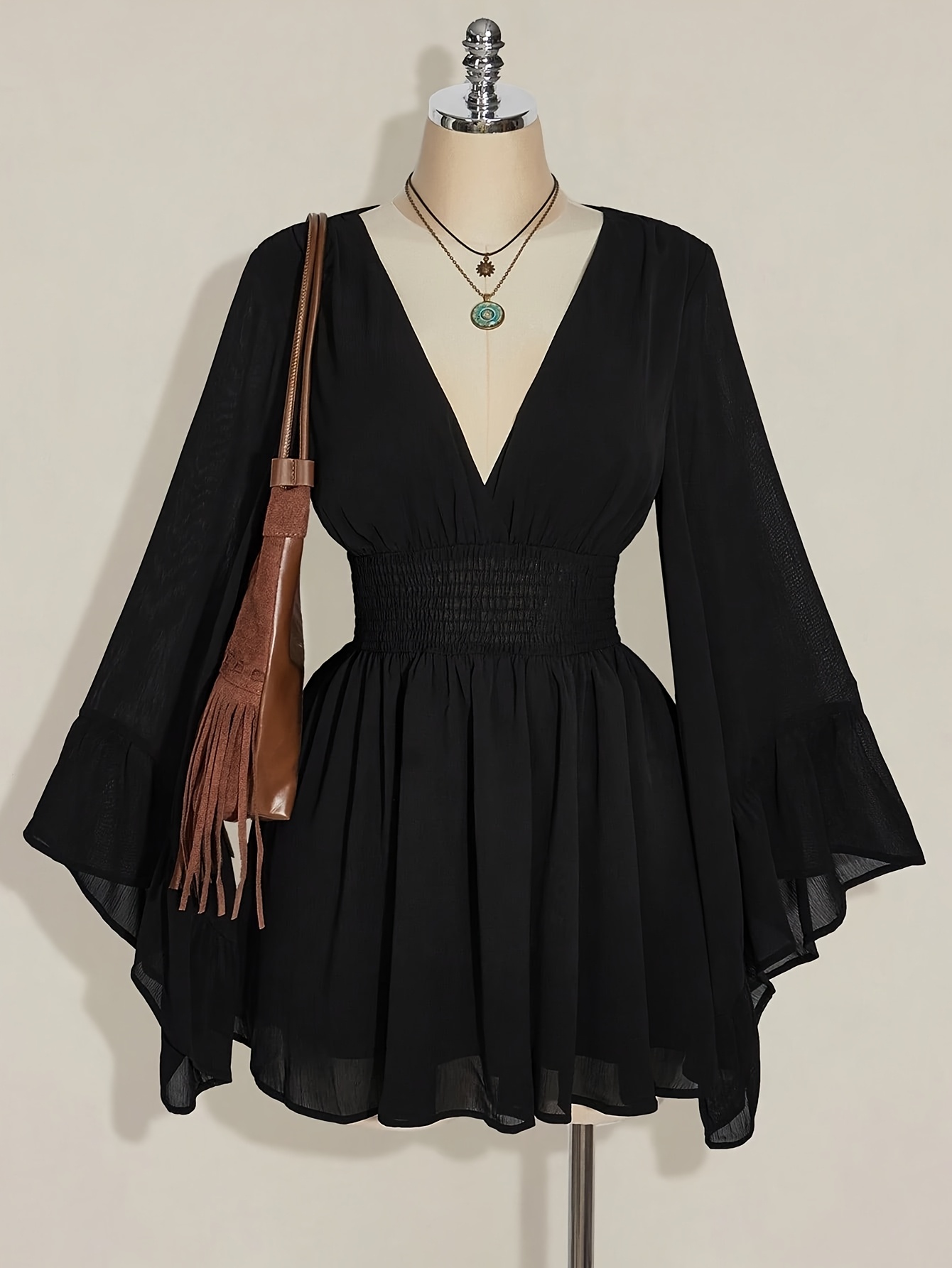 v neck ruched waist a line flared sleeve dress bohemian - Temu Bahrain