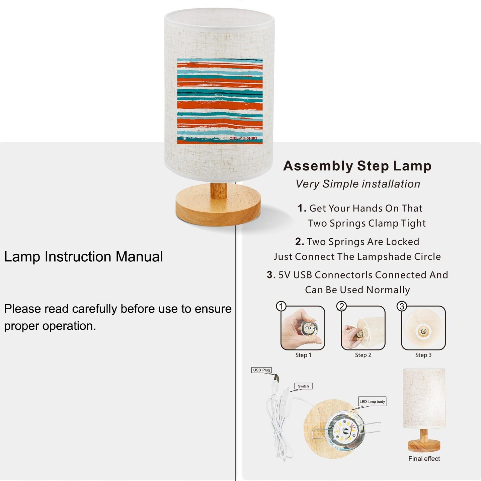 Wooden Table Lamp with Brushstroke Striped Print