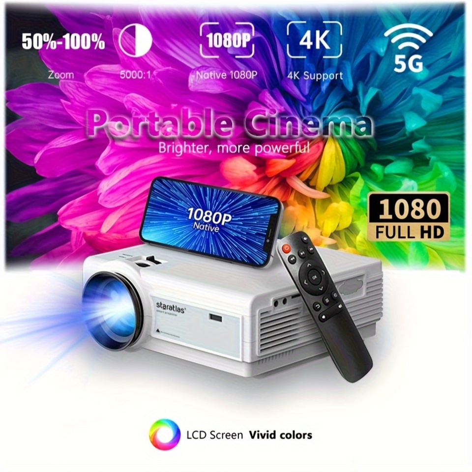   1080p portable projector with wi fi 5000   4  1080 full hd native 1080p 5g   usb av compatible ideal for home theater office and outdoor movie viewing outdoor movie viewing vibrant color display high brightness projector portable projector
