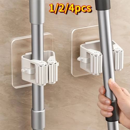 1/2/4 piezas estante de almacenamiento de mopa colgante de plástico en la pared, gancho de clip sin perforaciones, de para almacenamiento de escobas y , estantes utilitarios