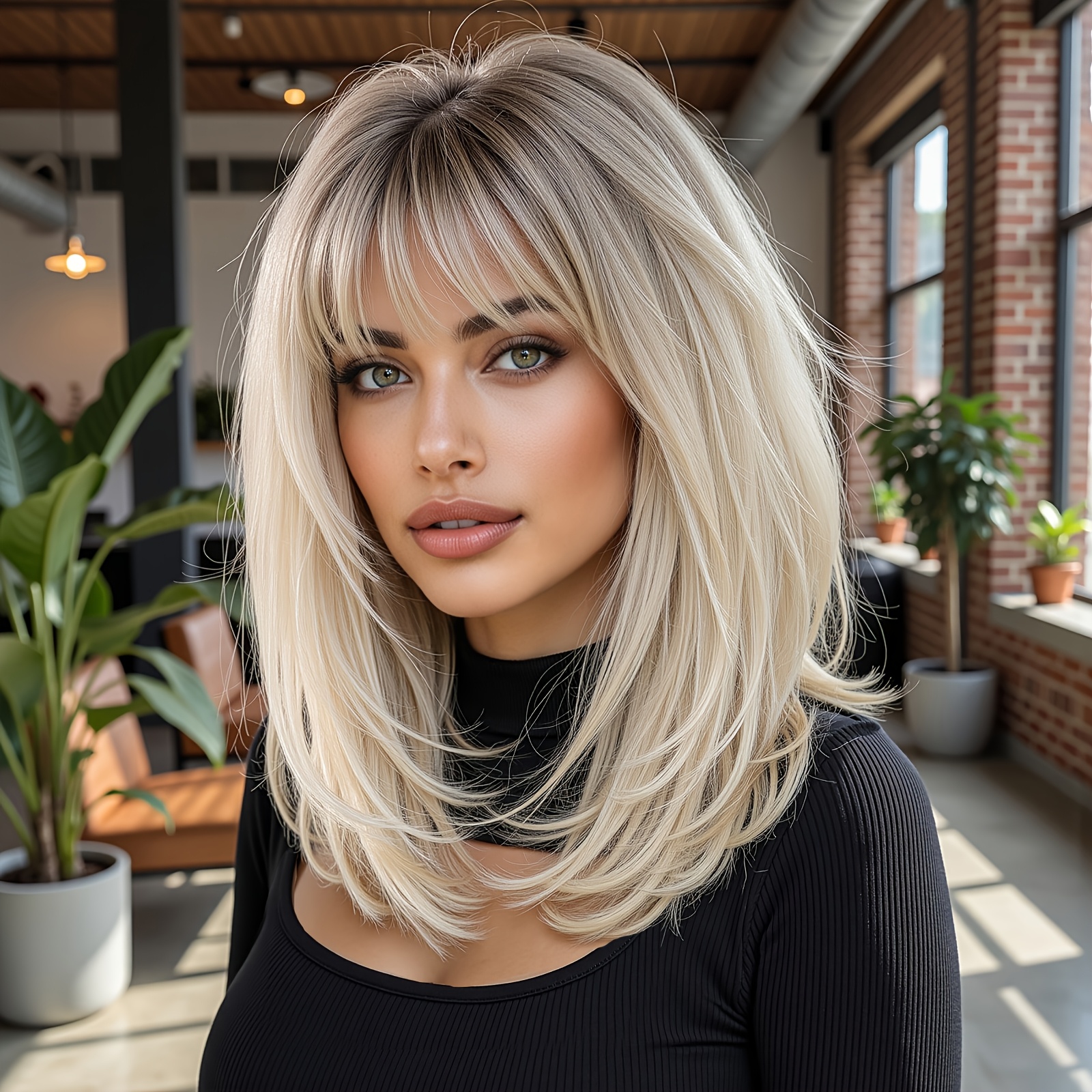 TEMU Ombre Blonde Long Straight Wig With Bangs Fringe Mid-length Layered Wigs - Women's Fashionable Elegant Style, High Temperature Synthetic Fiber,