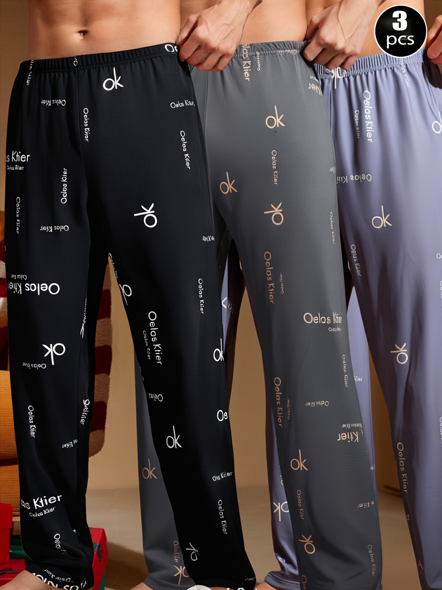 3pcs mens comfortable     elastic waist soft lightweight   home pants spring summer fall relaxed fit no belt needed sleepwear essentials   pants elastic waistband pants