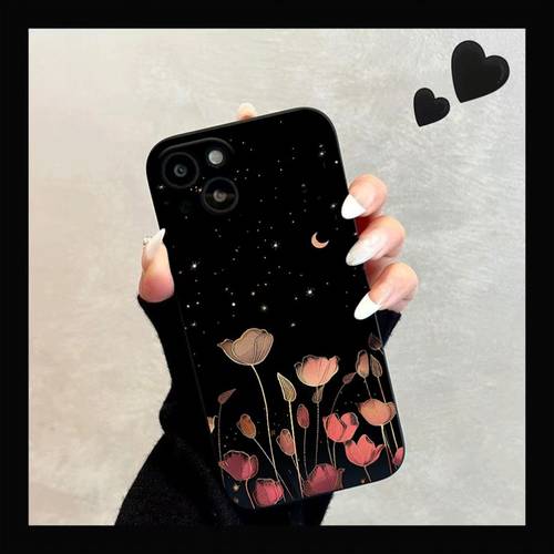 handyhülle - kreatives tpu-design mit mond, sternen und blumen für iphone, inklusive 16, 15, 14, 13, 12 und 11er serie. eine stilvolle und einfache cartoon-schutzhülle, die stoßfest und sturzsicher ist.