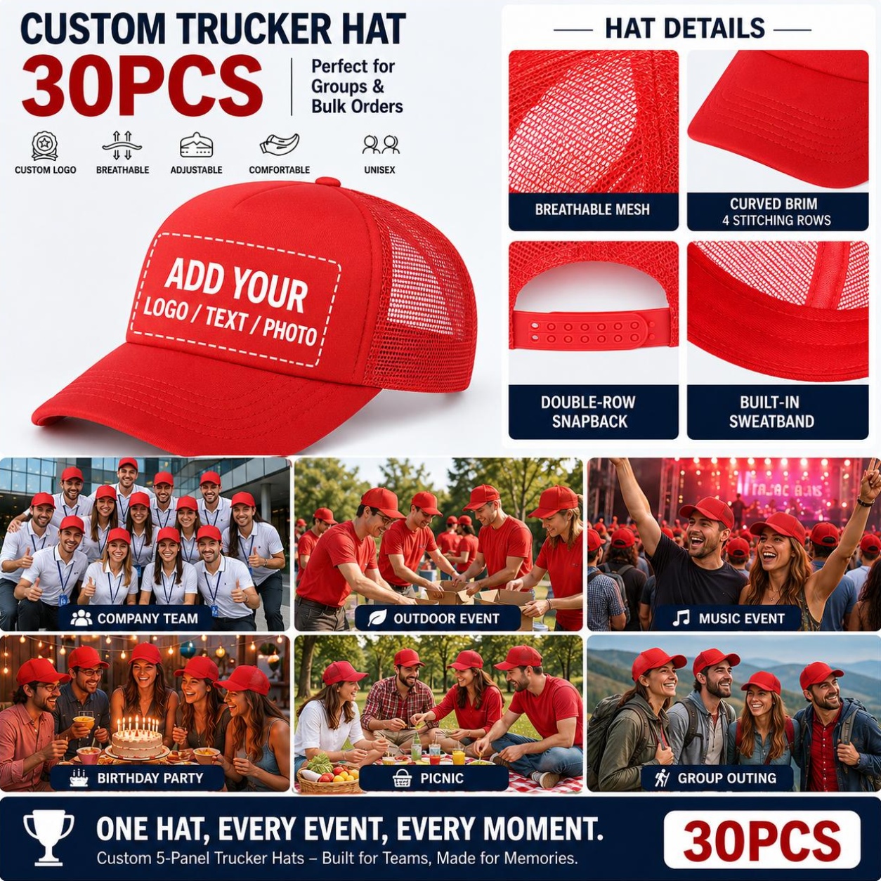 30pcs Customizable Trucker Hats, Breathable Polyester Mesh Caps