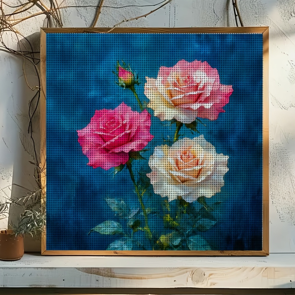 11CT Frameless Cross-Stitch Kit, Blue Background with Three Roses