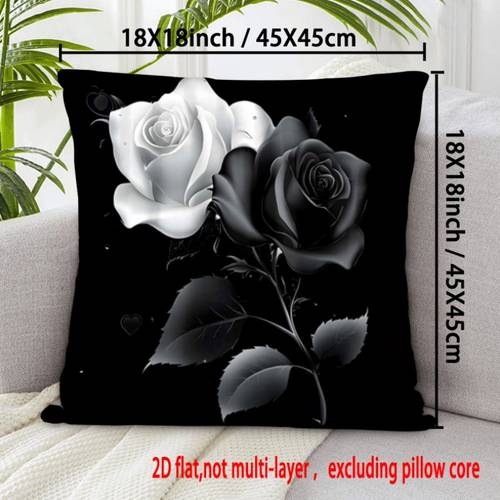 2D Flat - Modern Black And White Rose Pillowcase 18X18 20X20 24X24 Inch Zipper Closure Machine Washable Decorative Gift Flat 2 Elegant Pattern 45X45 50X50 60X60Cm