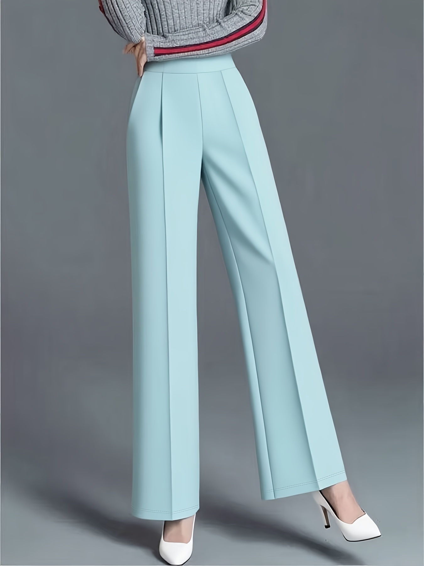 Plus Size - Plus Size - Elegant High-Waisted Elastic Waistband Straight-Leg Wide-Leg Long Pants for Women - 3D Tailoring & Flattering Loose Fit Solid Color Casual Pants with Slant Pockets