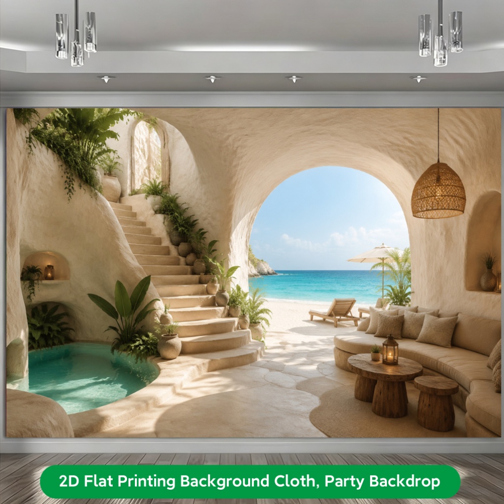 2D Flat Printing Backdrop Banner, Cave with Stairway Background