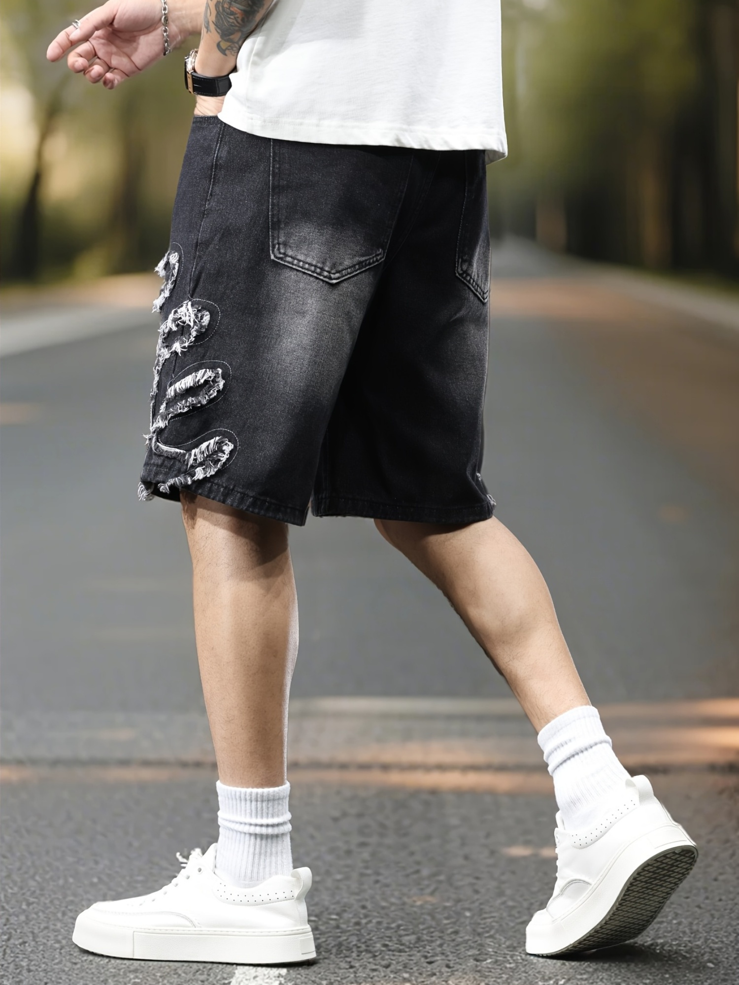 mens black denim bermuda shorts s embroidery stylish Temu Spain