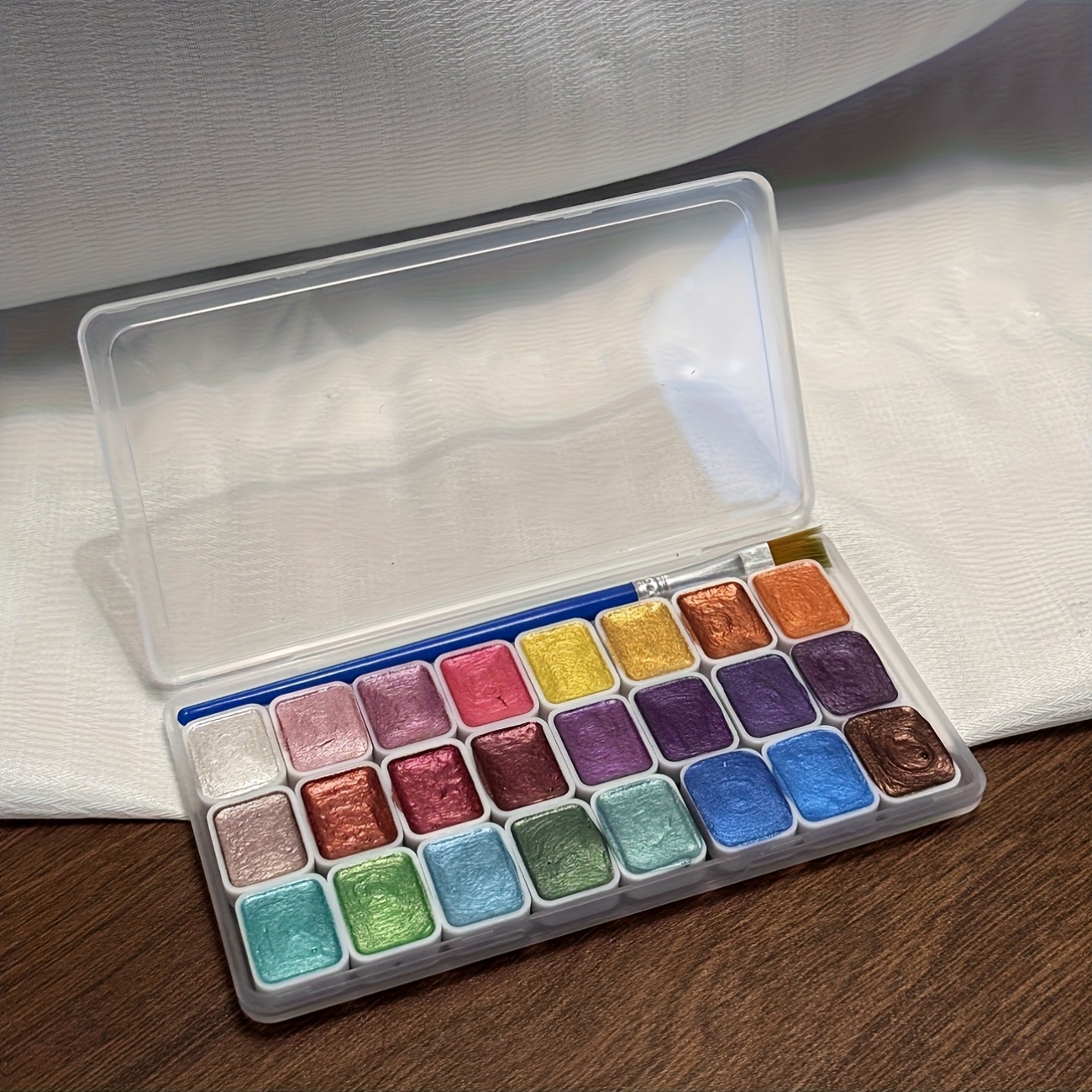 24-Color Mini Pearlescent Watercolor Pigment Set with Brush in Transparent Box for Painting, Nail Art, and Clay Coloring