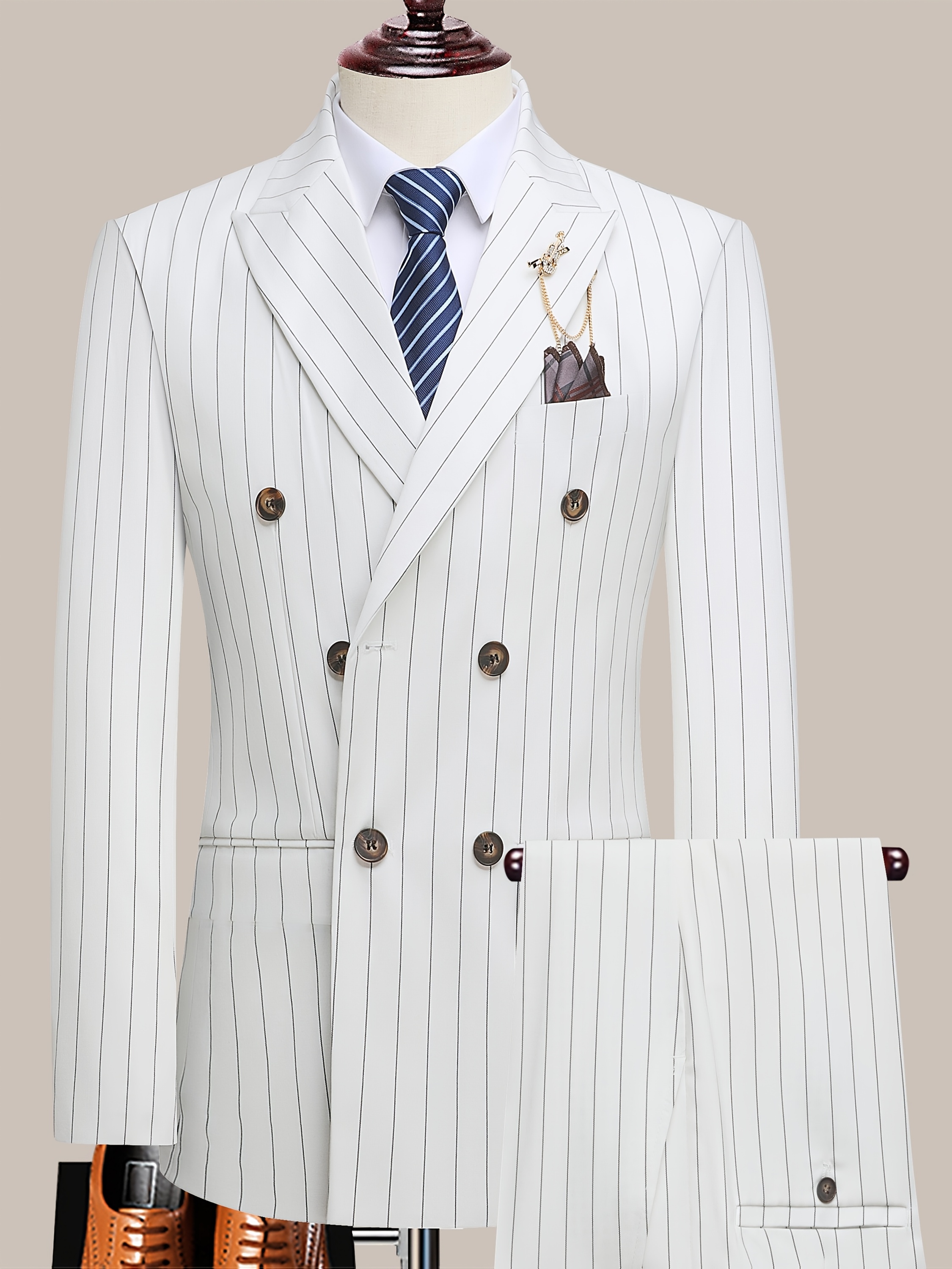 latest mens suit striped double breasted suit spring summer autumn thin two piece set with frill collar striped style   suit business and casual dress collar necklace decoration   dress casual suit white suit   0