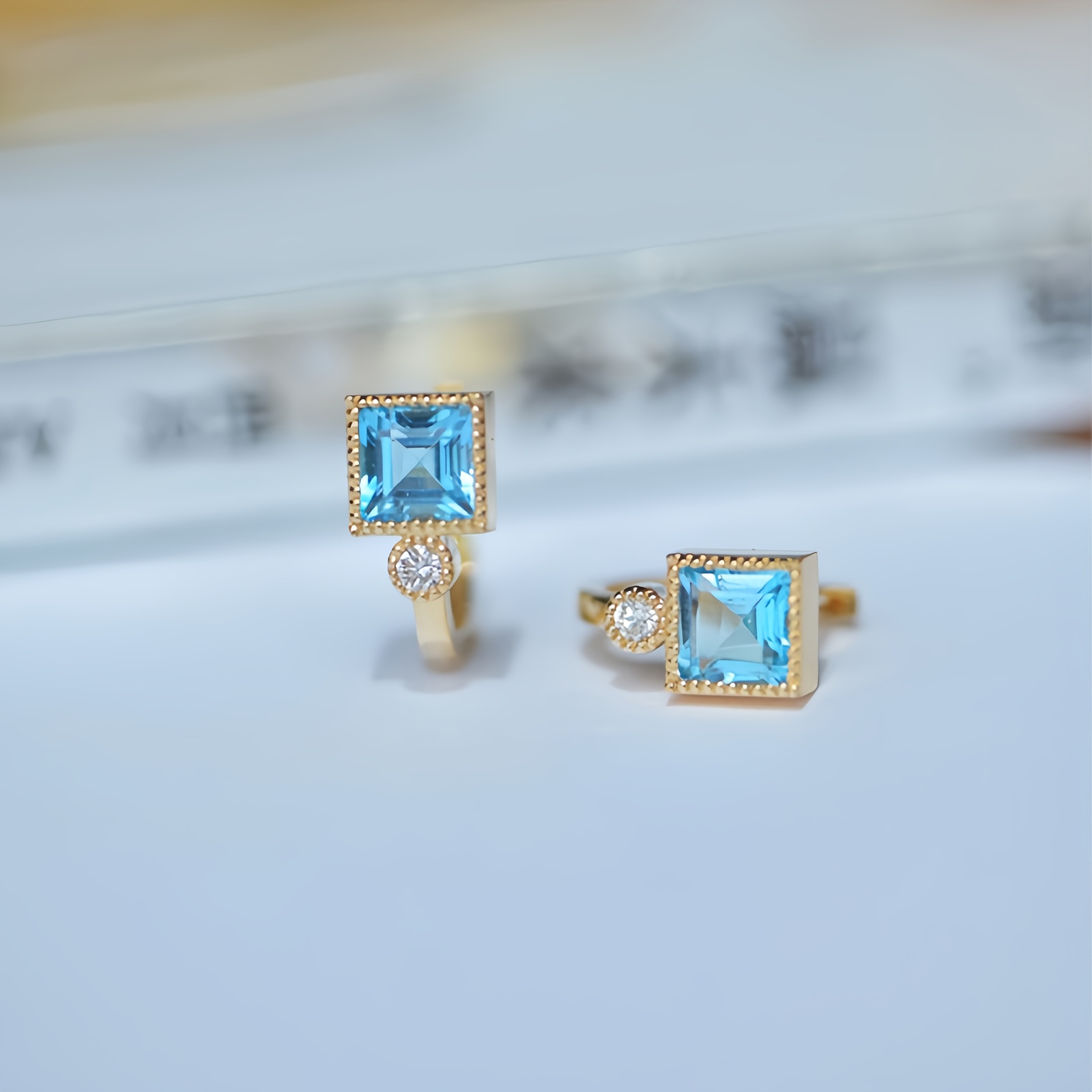 Women's Minimalist Square Aquamarine Blue Zirconia Huggie Earrings