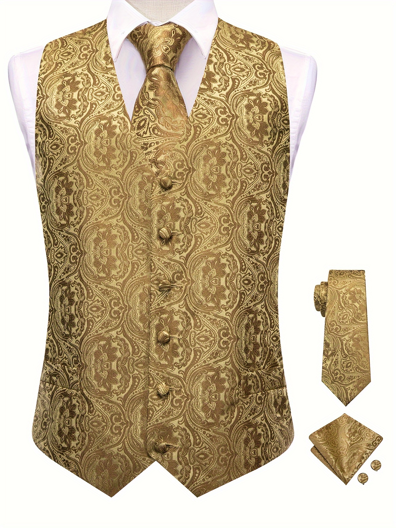 Herren Classic Gold Anzug Weste Männer Weste Seide Fliege Taschentuch Manschettenknöpfe Set Für Party Hochzeit Westen (Größe: Klein) (Größe Name: M) (A S