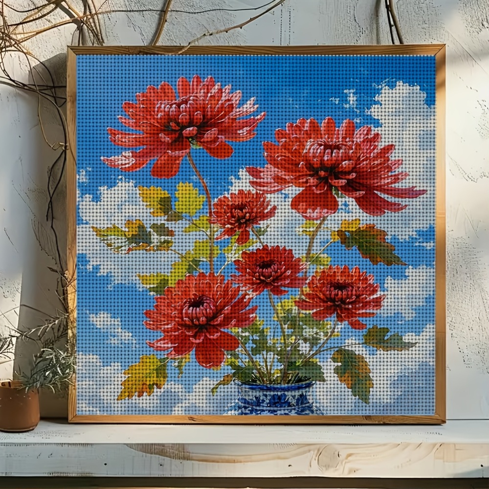 New Cross Stitch Printed Kit, Red Chrysanthemum Blue Sky Blooming