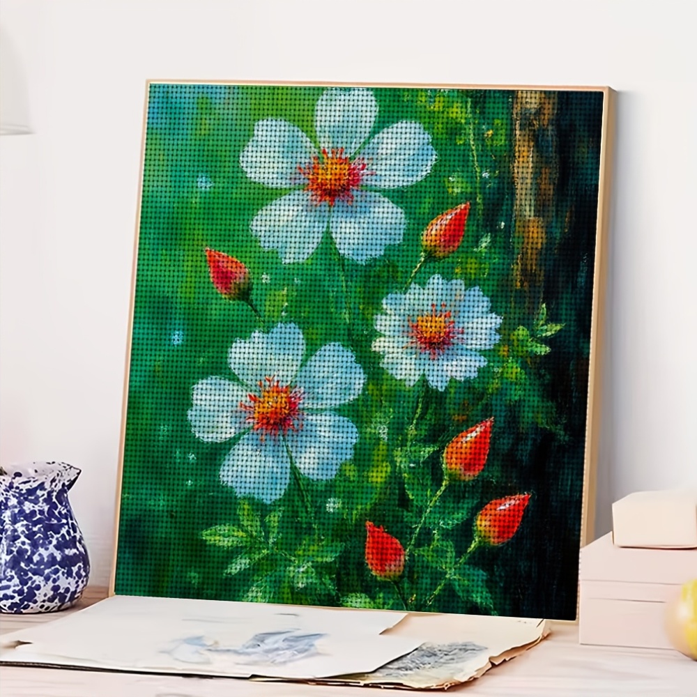 White Flower Red Bract Green Background Cross-Stitch Kit, Perfect for Beginners
