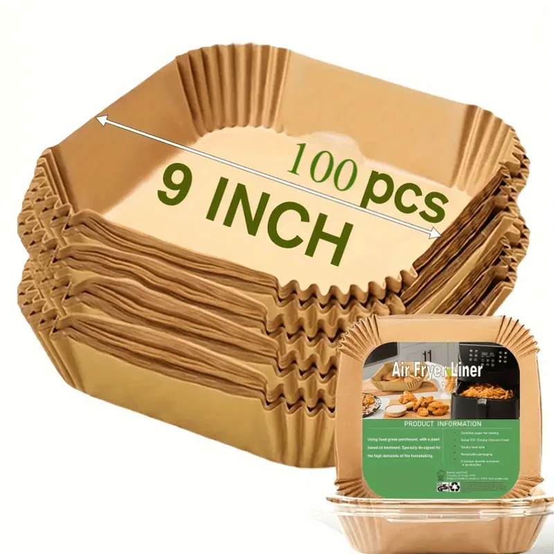 100pcs air fryer disposable paper liners 9 inch round and square parchment paper liner for 5 8 fryer oil proof water proof parchment baking paper for kitchen baking roasting microwave Product details 1
