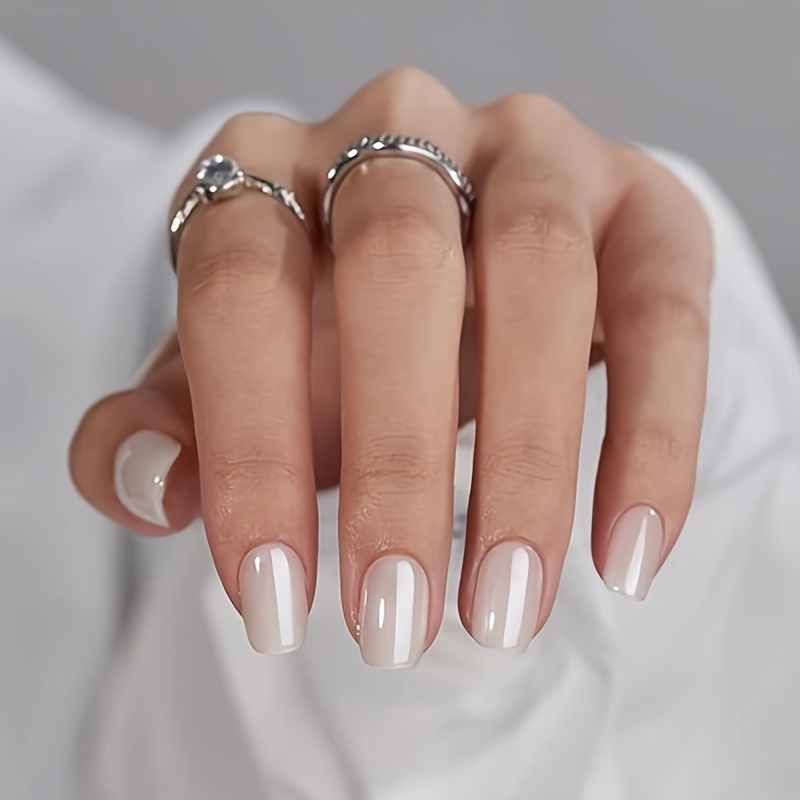 TEMU Uñas Postizas Cromadas - Uñas Falsas Blancas Perla Cuadradas Medias - Uñas Acrílicas Adhesivas - Cubierta Completa Adhesivo de Pasta de Gel - 24
