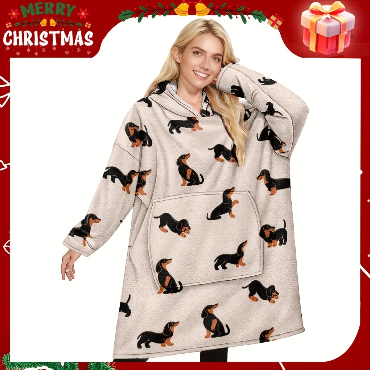 1pc A Dachshund-themed Wearable Blanket, Designed For Adults, Featuring A Hood And Large Pockets, Perfect For Keeping Warm And Cozy. An Ideal Gift For A Girlfriend, Mother, Or Any Woman